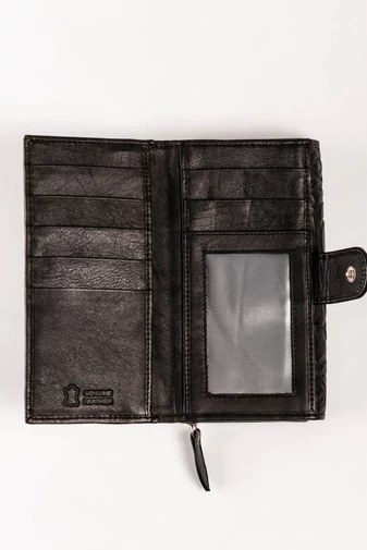  Sylvia Belmonte Czarny skórzany portfel z kwiatowymi nadrukami