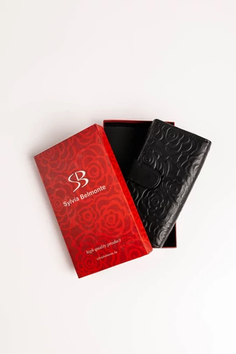  Sylvia Belmonte Czarny skórzany portfel z kwiatowymi nadrukami