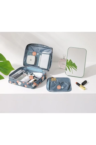  Kosmetyczka BONLUO w kolorze niebieskim z kwiatowym wzorem, wymiary 21*18*7,5 cm