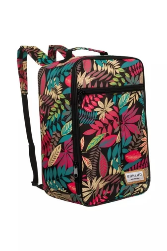 Plecak Bonluo w kolorze czarnym z kolorowym wzorem liści, rozmiar Wizzair,Rynair (40x30x20cm)