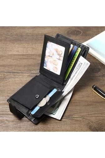  Portfel męski Bonluo, czarny, skórzany, wielofunkcyjny, z zabezpieczeniem antykradzieżowym, wymiary 10*11,5*2,5 cm