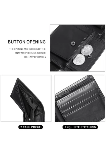  Portfel męski Bonluo, czarny, skórzany, wielofunkcyjny, z zabezpieczeniem antykradzieżowym, wymiary 10*11,5*2,5 cm