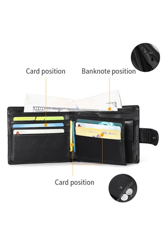  Portfel męski Bonluo, czarny, skórzany, wielofunkcyjny, z zabezpieczeniem antykradzieżowym, wymiary 10*11,5*2,5 cm