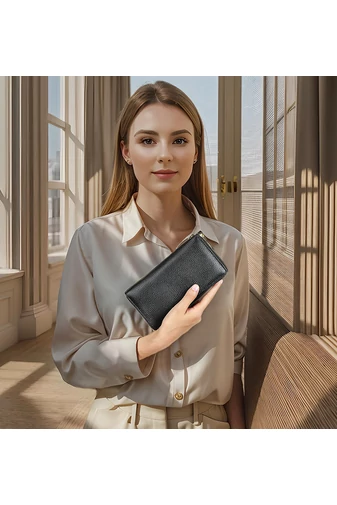  Czarny portfel Bonluo wykonany z prawdziwej skóry, rozmiar 19*10*2 cm