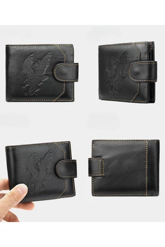  Portfel męski w kolorze czarnym Bonluo z wzorem sępa, materiał: skóra naturalna, wymiary (9,5 x 11 x 1,5 cm)