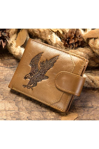  Portfel męski w kolorze brązowym, wzór sępa Bonluo, materiał: skóra naturalna, wymiary (9,5 x 11 x 1,5 cm)