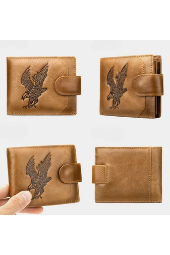  Portfel męski w kolorze brązowym, wzór sępa Bonluo, materiał: skóra naturalna, wymiary (9,5 x 11 x 1,5 cm)