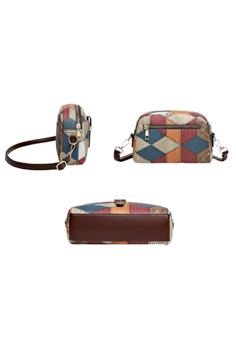 Torebka crossbody Bonluo brązowa z kolorowym wzorem z imitacji skóry, wymiary 15×21×7 cm