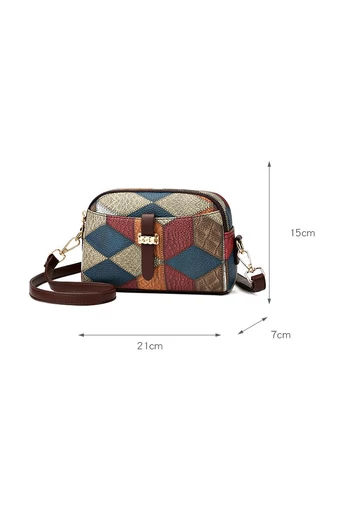 Torebka crossbody Bonluo brązowa z kolorowym wzorem z imitacji skóry, wymiary 15×21×7 cm