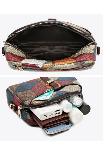 Torebka crossbody Bonluo brązowa z kolorowym wzorem z imitacji skóry, wymiary 15×21×7 cm
