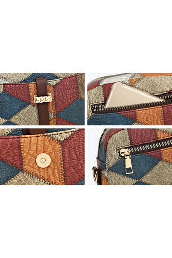 Torebka crossbody Bonluo brązowa z kolorowym wzorem z imitacji skóry, wymiary 15×21×7 cm