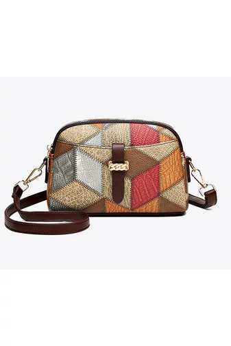 Torebka crossbody Bonluo brązowa z kolorowym wzorem z imitacji skóry, wymiary 15×21×7 cm