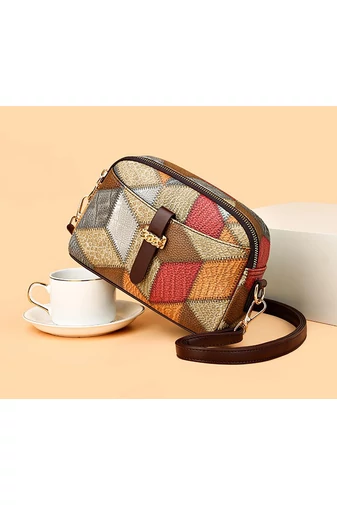 Torebka crossbody Bonluo brązowa z kolorowym wzorem z imitacji skóry, wymiary 15×21×7 cm