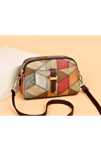 Torebka crossbody Bonluo brązowa z kolorowym wzorem z imitacji skóry, wymiary 15×21×7 cm