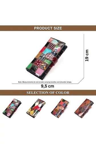  Kolorowy portfel Bonluo z kolażem i przeszyciami 3D wykonany ze skóry naturalnej (19*9,5*3,5 cm)