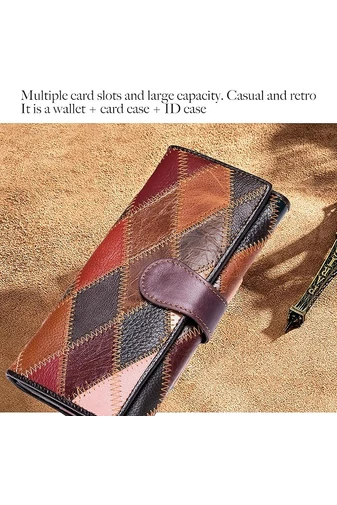  Kolorowy portfel Bonluo z kolażem i przeszyciami 3D wykonany ze skóry naturalnej (19*9,5*3,5 cm)