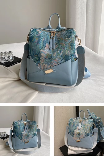 Plecak i Torebka Na Ramię Bonluo Niebieska We Wzory Z Ekoskóry 32*25*14 cm