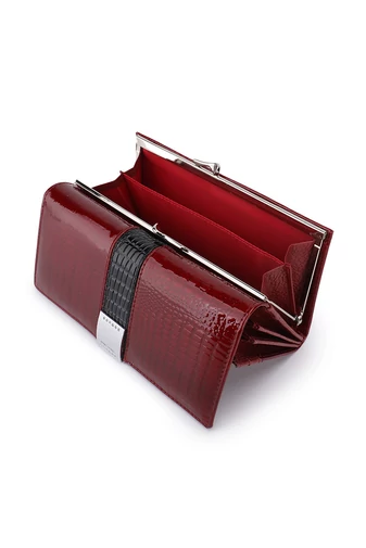  Elegancki damski portfel Bonluo w kolorze czarnym, wykonany z oryginalnej lakierowanej skóry z wzorem krokodyla, wymiary 9*18*3 cm