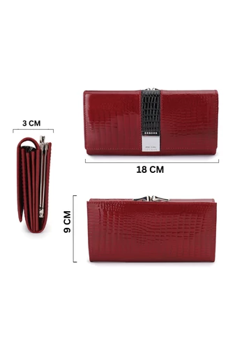  Elegancki damski portfel Bonluo w kolorze czarnym, wykonany z oryginalnej lakierowanej skóry z wzorem krokodyla, wymiary 9*18*3 cm