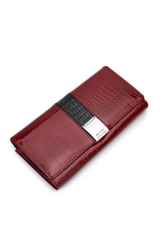  Elegancki damski portfel Bonluo w kolorze czerwonym wykonany z oryginalnej lakierowanej skóry z wzorem krokodyla, wymiary 9*18*3 cm