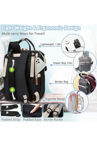  Plecak Bonluo dla mam, czarny, wielofunkcyjny, wodoodporny, z poliestru, z miejscem na USB, rozmiar Wizzair (40*29*15 cm)