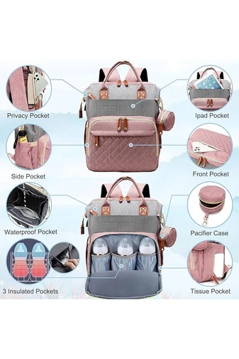 Wielofunkcyjny, wodoodporny plecak poliestrowy Bonluo w kolorze różowo-szarym dla mam z portem USB, rozmiar Wizzair (40*29*15 cm)