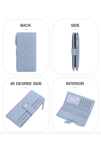  Elegancki damski portfel Bonluo w kolorze jasnoniebieskim, ze sztucznej skóry, z ochroną RFID i wieloma przegródkami, wymiary 19*10*2 cm