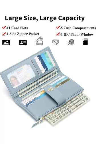  Elegancki damski portfel Bonluo w kolorze jasnoniebieskim, ze sztucznej skóry, z ochroną RFID i wieloma przegródkami, wymiary 19*10*2 cm