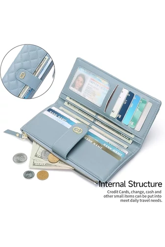  Elegancki damski portfel Bonluo w kolorze jasnoniebieskim, ze sztucznej skóry, z ochroną RFID i wieloma przegródkami, wymiary 19*10*2 cm