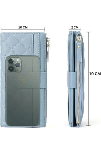  Elegancki damski portfel Bonluo w kolorze jasnoniebieskim, ze sztucznej skóry, z ochroną RFID i wieloma przegródkami, wymiary 19*10*2 cm