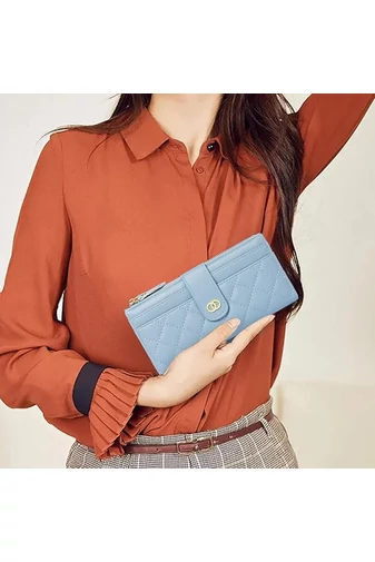  Elegancki damski portfel Bonluo w kolorze jasnoniebieskim, ze sztucznej skóry, z ochroną RFID i wieloma przegródkami, wymiary 19*10*2 cm