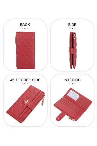  Elegancki portfel damski Bonluo Red ze skóry ekologicznej z ochroną RFID i wieloma przegródkami, wymiary 19*10*2 cm
