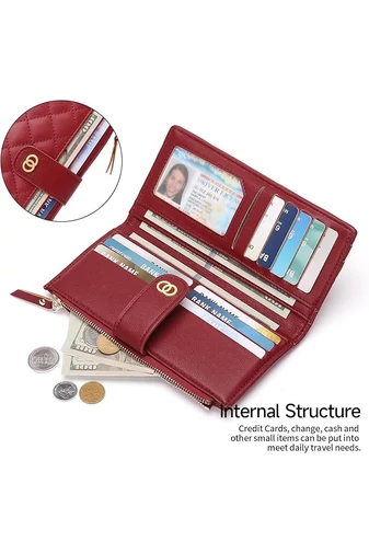  Elegancki portfel damski Bonluo Red ze skóry ekologicznej z ochroną RFID i wieloma przegródkami, wymiary 19*10*2 cm