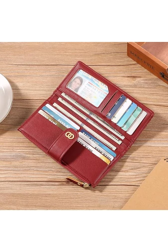  Elegancki portfel damski Bonluo Red ze skóry ekologicznej z ochroną RFID i wieloma przegródkami, wymiary 19*10*2 cm