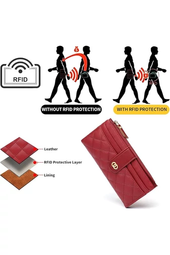  Elegancki portfel damski Bonluo Red ze skóry ekologicznej z ochroną RFID i wieloma przegródkami, wymiary 19*10*2 cm
