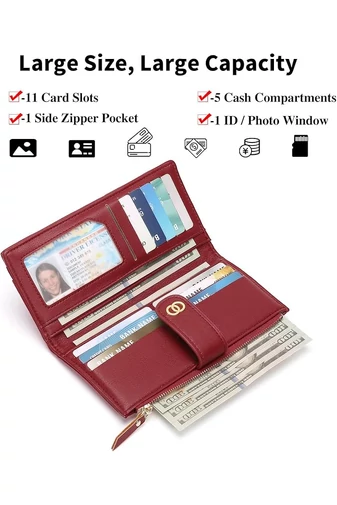  Elegancki portfel damski Bonluo Red ze skóry ekologicznej z ochroną RFID i wieloma przegródkami, wymiary 19*10*2 cm