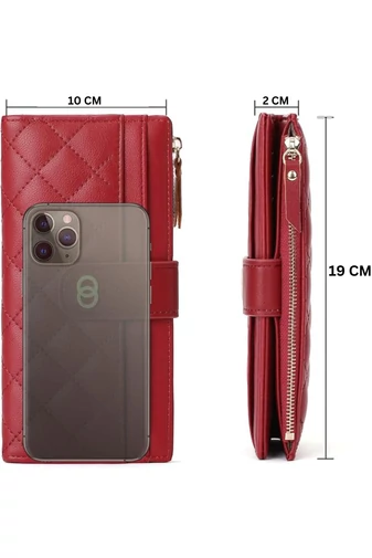  Elegancki portfel damski Bonluo Red ze skóry ekologicznej z ochroną RFID i wieloma przegródkami, wymiary 19*10*2 cm
