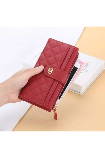  Elegancki portfel damski Bonluo Red ze skóry ekologicznej z ochroną RFID i wieloma przegródkami, wymiary 19*10*2 cm