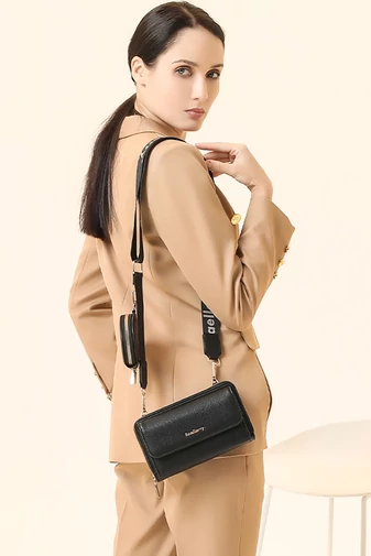  Portfel Bonluo z czarnej skóry ekologicznej, 2 w 1, torba na ramię o kompaktowej konstrukcji z dołączonym mini portfelem, wymiary 11*19*7 cm