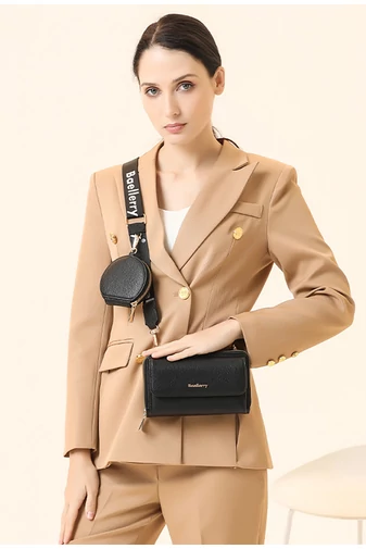  Portfel Bonluo z czarnej skóry ekologicznej, 2 w 1, torba na ramię o kompaktowej konstrukcji z dołączonym mini portfelem, wymiary 11*19*7 cm