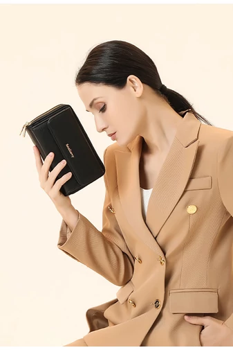  Portfel Bonluo z czarnej skóry ekologicznej, 2 w 1, torba na ramię o kompaktowej konstrukcji z dołączonym mini portfelem, wymiary 11*19*7 cm