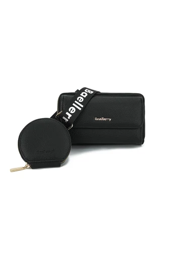  Portfel Bonluo z czarnej skóry ekologicznej, 2 w 1, torba na ramię o kompaktowej konstrukcji z dołączonym mini portfelem, wymiary 11*19*7 cm