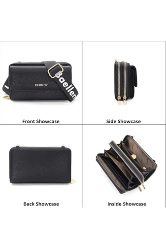  Portfel Bonluo z czarnej skóry ekologicznej, 2 w 1, torba na ramię o kompaktowej konstrukcji z dołączonym mini portfelem, wymiary 11*19*7 cm