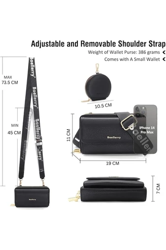  Portfel Bonluo z czarnej skóry ekologicznej, 2 w 1, torba na ramię o kompaktowej konstrukcji z dołączonym mini portfelem, wymiary 11*19*7 cm