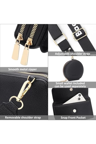  Portfel Bonluo z czarnej skóry ekologicznej, 2 w 1, torba na ramię o kompaktowej konstrukcji z dołączonym mini portfelem, wymiary 11*19*7 cm