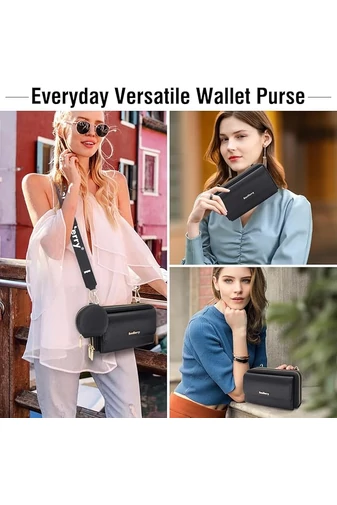  Portfel Bonluo z czarnej skóry ekologicznej, 2 w 1, torba na ramię o kompaktowej konstrukcji z dołączonym mini portfelem, wymiary 11*19*7 cm