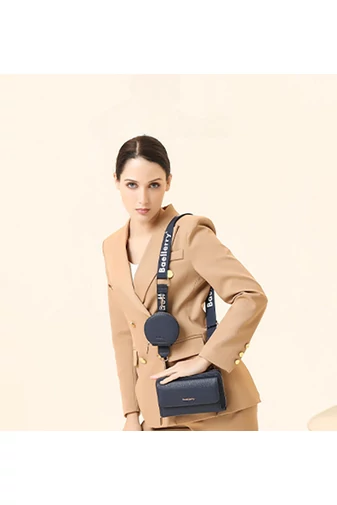  Portfel Bonluo z ciemnoniebieskiej skóry ekologicznej, 2 w 1, torba na ramię o kompaktowej konstrukcji z dołączonym mini portfelem, wymiary 11*19*7 cm