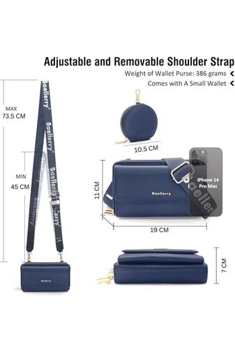  Portfel Bonluo z ciemnoniebieskiej skóry ekologicznej, 2 w 1, torba na ramię o kompaktowej konstrukcji z dołączonym mini portfelem, wymiary 11*19*7 cm