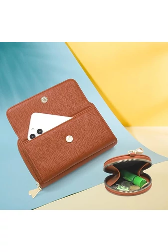  Portfel Bonluo Brown Faux Leather 2 w 1, torba na ramię o kompaktowej konstrukcji z dołączonym mini portfelem, wymiary 11*19*7 cm