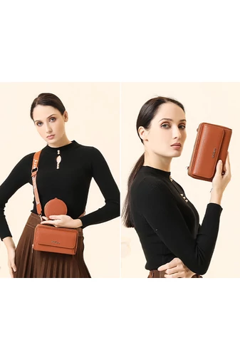  Portfel Bonluo Brown Faux Leather 2 w 1, torba na ramię o kompaktowej konstrukcji z dołączonym mini portfelem, wymiary 11*19*7 cm